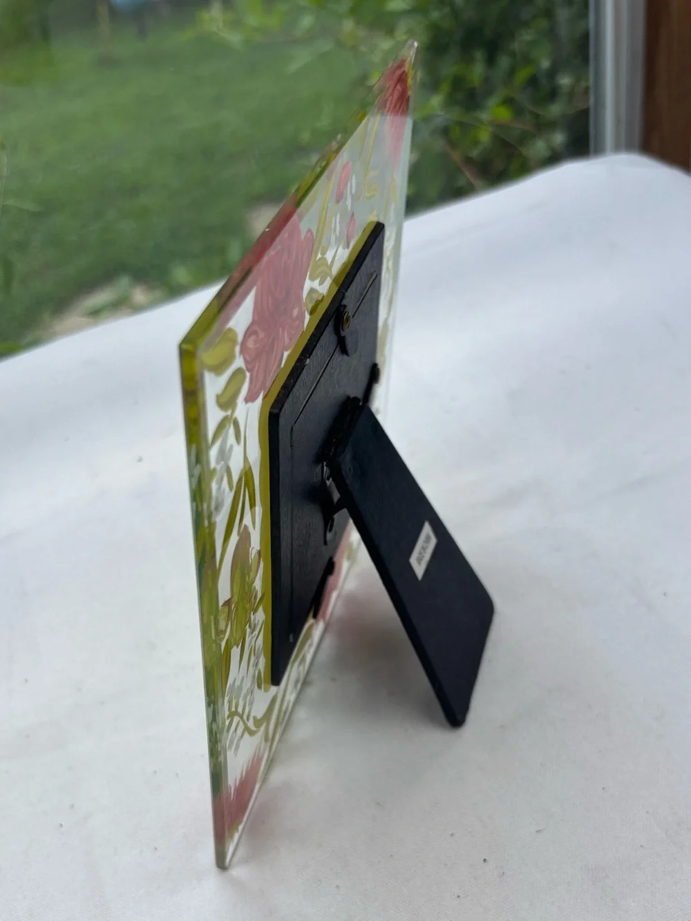NEW Hand Painted Pink & Green Floral Picture Frame Clear Glass 7” x 7”